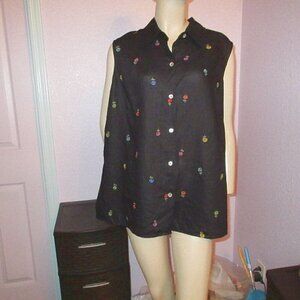 Vtg Irish Linen Blouse Top Size 1X Floral Embroidered Tunic Button Up Black 90s
